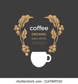 Vector template. Golden shape of coffee tree, branch, bean, leaf, grain. berry Symbol for cafe, menu, nature logo. Premium product, art design. Organic sticker, luxury card, aroma tropical drink, food