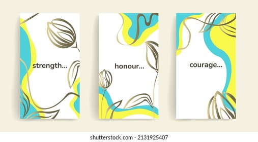 Vector template with golden tulips and Ukrainian phage for social media posts, stories, banners, mobile apps, web, advertising. Design with copy space for text, abstract organic shapes, flowers
