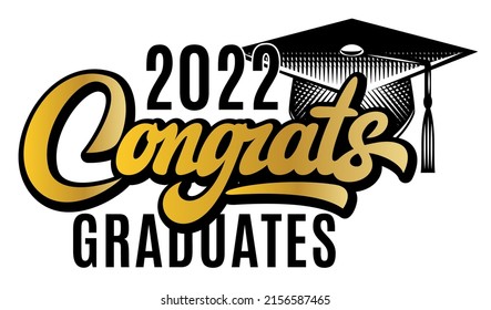 Vector template for graduation celebration in 2022 year. Element for design. Calligraphic inscription and hat for decoration.