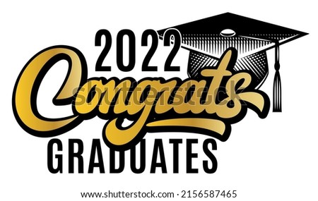 Vector template for graduation celebration in 2022 year. Element for design. Calligraphic inscription and hat for decoration.