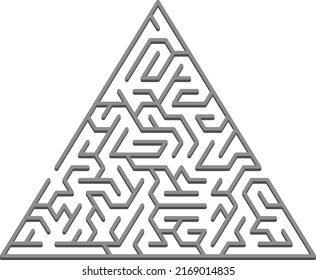 Vector template with a gray triangular 3D maze, puzzle. Abstract illustration with maze on a white background. Pattern for leisure tasks, games.