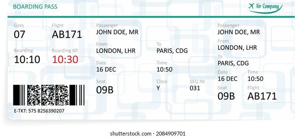 Vector template of a green airline boarding pass ticket. Concept of travel, journey or business. Isolated on white.