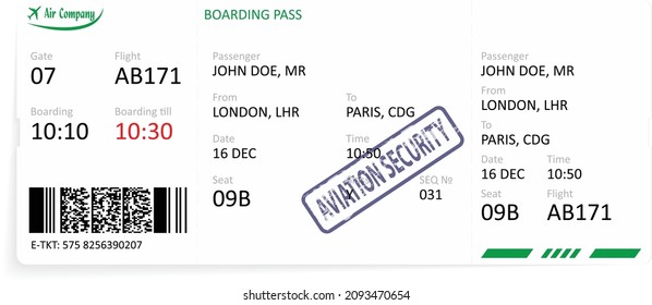 Vector template of a green airline boarding pass ticket. Concept of travel, journey or business. Isolated on white.