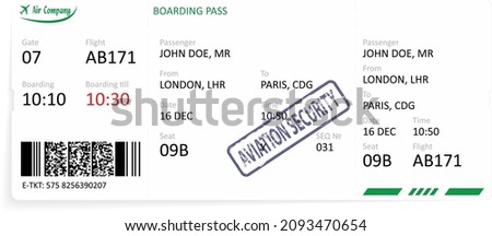 Vector template of a green airline boarding pass ticket. Concept of travel, journey or business. Isolated on white.