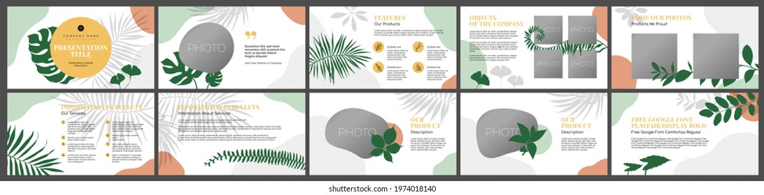 Vector Template, Green Tropic Leaves, Abstract Spots, White Background. Presentation Template For Power Point, Ppt, Or Keynote Layout. Botanical, Beauty Cosmetic Template, Slides, Abstract Background