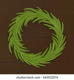 Vector template with a green wreath on the background of the boards.Illustration in cartoon style.Eps 10