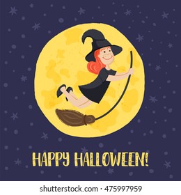vector template of a greeting card with cute witch girl flying on a broomstick, big moon as a background and happy halloween text