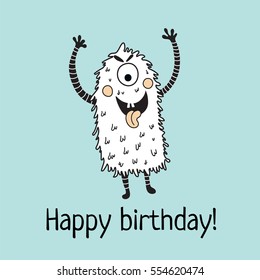 vector template of a greeting card with a cute monster on blue background