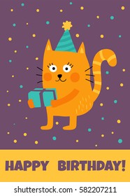 vector template of a greeting card with cute cat holding a present