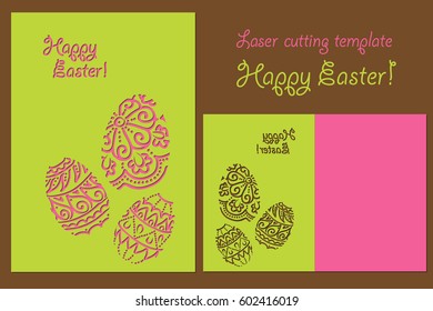 Vector template for greeting card with decorative ornamental easter eggs. Artistic design for laser cutting, pink and green colors. Celebrating religion holidays, Happy Easter.