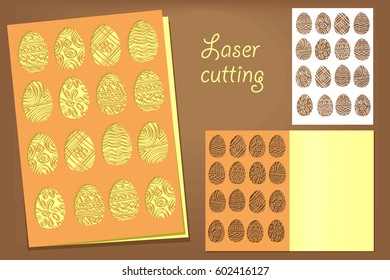 Vector template for greeting card with decorative ornamental easter eggs. Artistic design for laser cutting, orange and yellow colors. Celebrating religion holidays. Easter and spring season.
