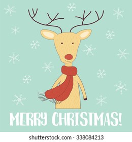 vector template of  a greeting card, funny and cute deer wearing a scarf and Merry Christmas text