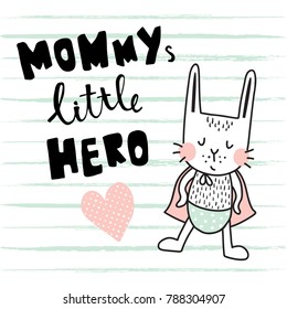 vector template of a greeting card, funny hero bunny and hand lettering text