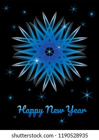 Vector template of greeting card for Happy New Year celebration. Guilloche rich snowflake in blue colors on a black background.