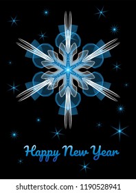 Vector template of greeting card for Happy New Year celebration. Guilloche rich snowflake in blue colors on a black background.