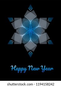 Vector template of greeting card for Happy New Year celebration. Guilloche rich snowflake in blue colors on a black background.