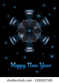 Vector template of greeting card for Happy New Year celebration. Guilloche rich snowflake in blue colors on a black background.