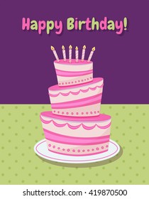 vector template of a greeting card with illustration of a cake and happy birthday text