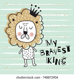 vector template of a greeting card with illustration of  a cute lion on whimsical background