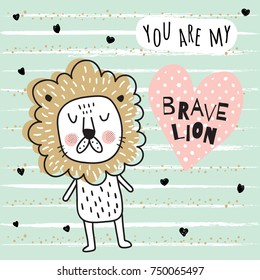 plantilla vectorial de una tarjeta de saludo con imagen de un león adorable y texto con letras a mano