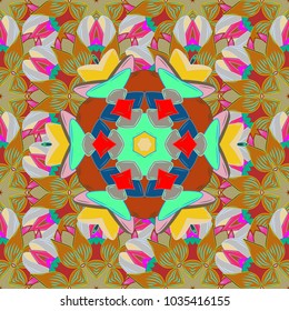 Vector template greeting card, invitation and advertising banner, brochure on a orange, neutral and blue colors. Vintage Invitation or wedding card with mandala pattern and elegant floral elements.