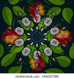 Vector template greeting card, invitation and advertising banner, brochure on a green, black and blue colors. Vintage Invitation or wedding card with mandala pattern and elegant floral elements.