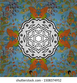 Vector template greeting card, invitation and advertising banner, brochure on a blue, orange and white colors. Vintage Invitation or wedding card with mandala pattern and elegant floral elements.