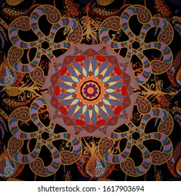Vector template greeting card, invitation and advertising banner, brochure on a black, yellow and brown colors. Vintage Invitation or wedding card with mandala pattern and elegant floral elements.