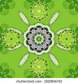 Vector template greeting card, invitation and advertising banner, brochure on a green, black and white colors. Vintage Invitation or wedding card with mandala pattern and elegant floral elements.