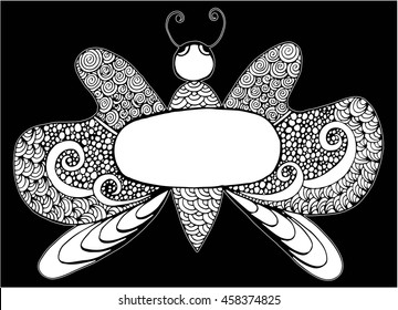 Vector template for greeting card or invitation with ornate doodle hand drawn butterfly