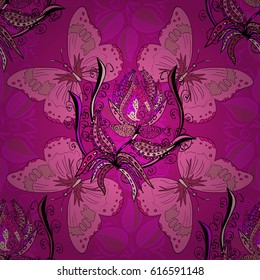 Vector template greeting card, invitation and advertising banner, brochure on a pink background. Vintage Invitation or wedding card with mandala pattern and elegant floral elements.