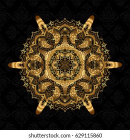 Vector template greeting card, invitation and advertising banner, brochure on a black background. Vintage Invitation or wedding card with mandala pattern and elegant elements with gold gradient.