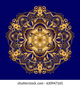 Vector template greeting card, invitation and advertising banner, brochure on a blue background. Vintage Invitation or wedding card with mandala pattern and elegant elements with gold gradient.