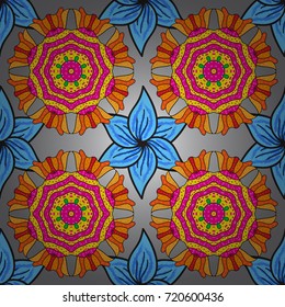 Vector template greeting card, invitation and advertising banner, brochure on a gray, blue and yellow colors. Vintage Invitation or wedding card with mandala pattern and elegant floral elements.