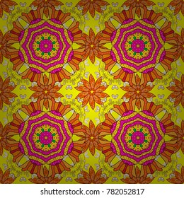 Vector template greeting card, invitation and advertising banner, brochure on a yellow, orange and magenta colors. Vintage Invitation or wedding card with mandala pattern and elegant floral elements.