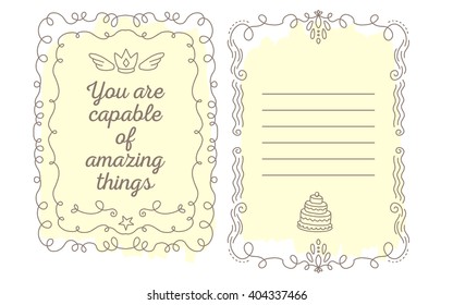 Vector template of greeting card with lace frame with inscription and fly crown of light yellow color on white background. Line art design to make a poster, greeting card, postcard, paper print.