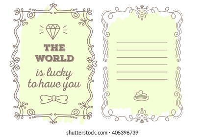 Vector template of greeting card with lace frame, wish inscription and diamond of light yellow color on white background. Flat thin line art design to make a poster, greeting card, postcard, print.
