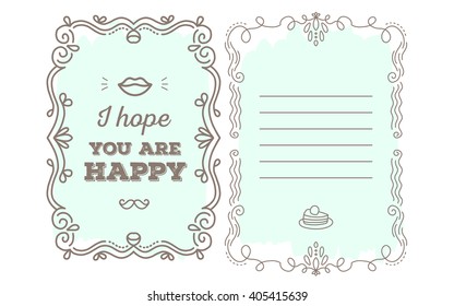 Vector template of greeting card with lace frame, wish inscription and lips of light blue color on white background. Flat thin line art design to make a poster, greeting card, postcard, paper print.