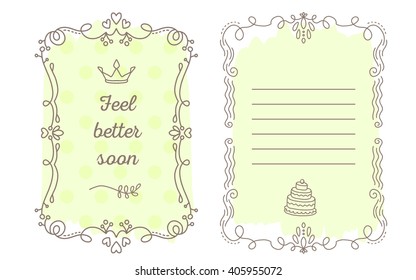Vector template of greeting card with lace frame, wish inscription and crown of pattern light green color on white background. Flat thin line art design to make a poster, greeting card, postcard,print