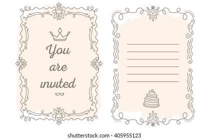 Vector template of greeting card with lace frame, wish inscription and crown of peach color on white background. Flat thin line art design to make a poster, greeting card, postcard, paper print