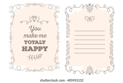 Vector template of greeting card with lace frame, wish inscription and diamond of peach color on white background. Flat thin line art design to make a poster, greeting card, postcard, paper print.