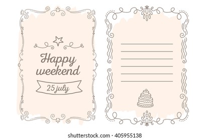 Vector template of greeting card with lace frame, wish inscription and star of peach color on white background. Flat thin line art design to make a poster, greeting card, postcard, paper print