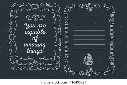 Vector template of greeting card with lace frame with inscription you are capable of amazing things and fly crown of white color on black background. Thin flat line art design to make greeting card