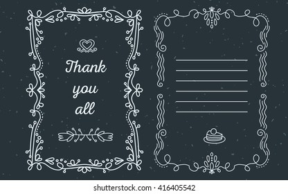 Vector template of greeting card with lace frame with inscription thank you all and flowers of white color on black background. Thin flat line art design to make a greeting card, postcard, paper print