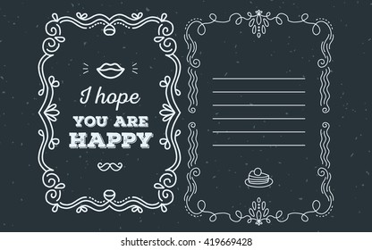 Vector template of greeting card with lace frame, wish inscription I hope you are happy and lips of white color on black background. Flat thin line art design to make a greeting card