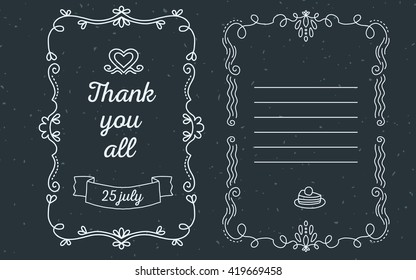 Vector template of greeting card with lace frame, wish inscription thank you all and heart of white color on black background. Flat thin line art design to make a greeting card, postcard, paper print.