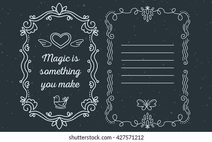 Vector template of greeting card with lace frame, wish inscription magic is something you make and heart of white color on black background. Flat thin line art design to make a poster, greeting card