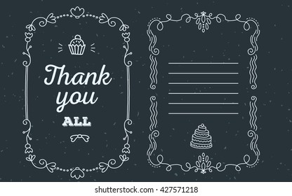 Vector template of greeting card with lace frame, wish inscription thank you all and cupcake of white color on black background. Flat thin line art design to make a poster, greeting card, postcard