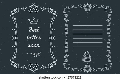 Vector template of greeting card with lace frame, wish inscription feel better soon and crown of white color on black background. Flat thin line art design to make a poster, greeting card, print.