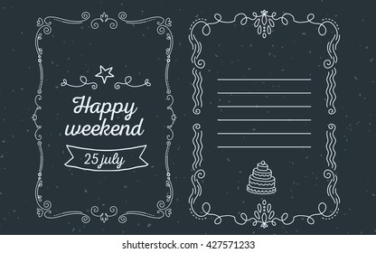 Vector template of greeting card with lace frame, wish inscription happy weekend and ribbon of white color on black background. Flat thin line art design to make a poster, greeting card, postcard